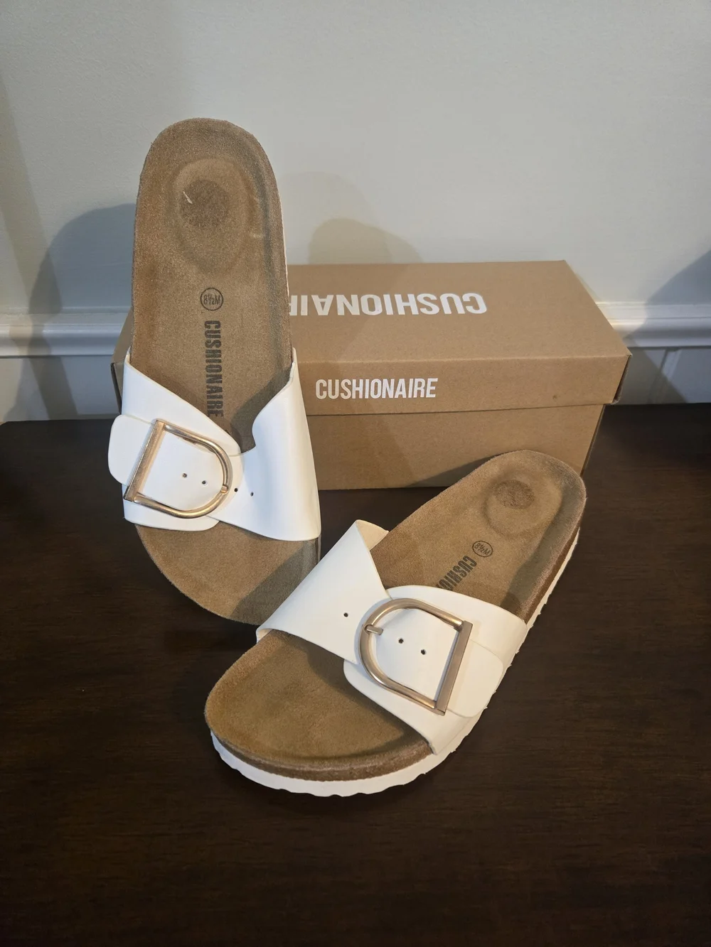 Cushionaire Women's White Buckle Slide Sandals